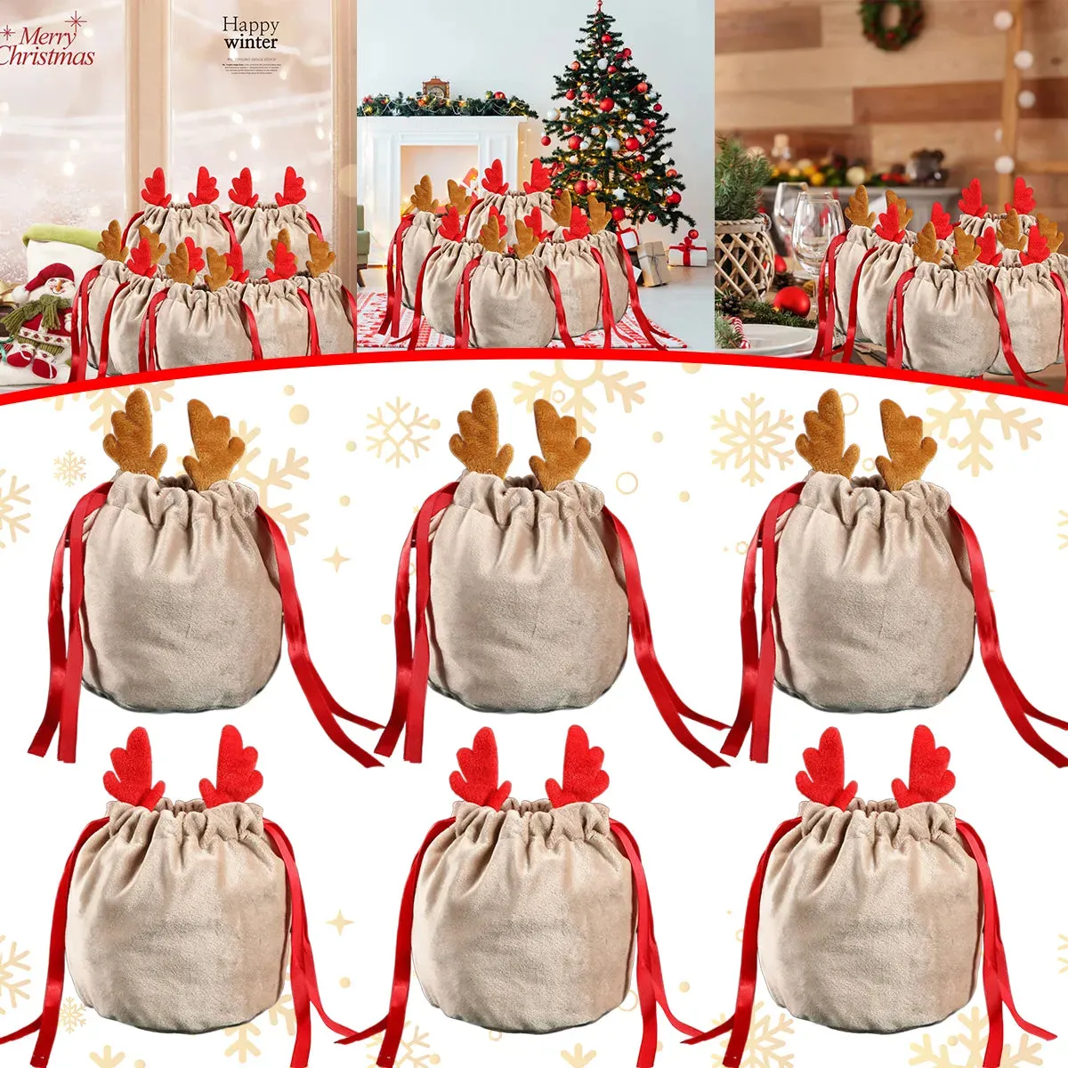 5/10 Christmas Reindeer Drawstring Candy Gift Bags Reusable