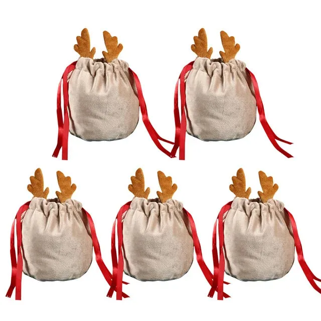 5/10 Christmas Reindeer Drawstring Candy Gift Bags Reusable