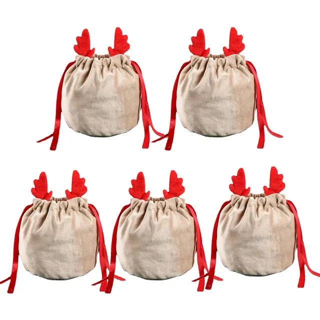 5/10 Christmas Reindeer Drawstring Candy Gift Bags Reusable