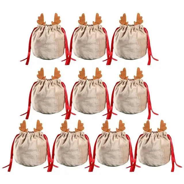 5/10 Christmas Reindeer Drawstring Candy Gift Bags Reusable