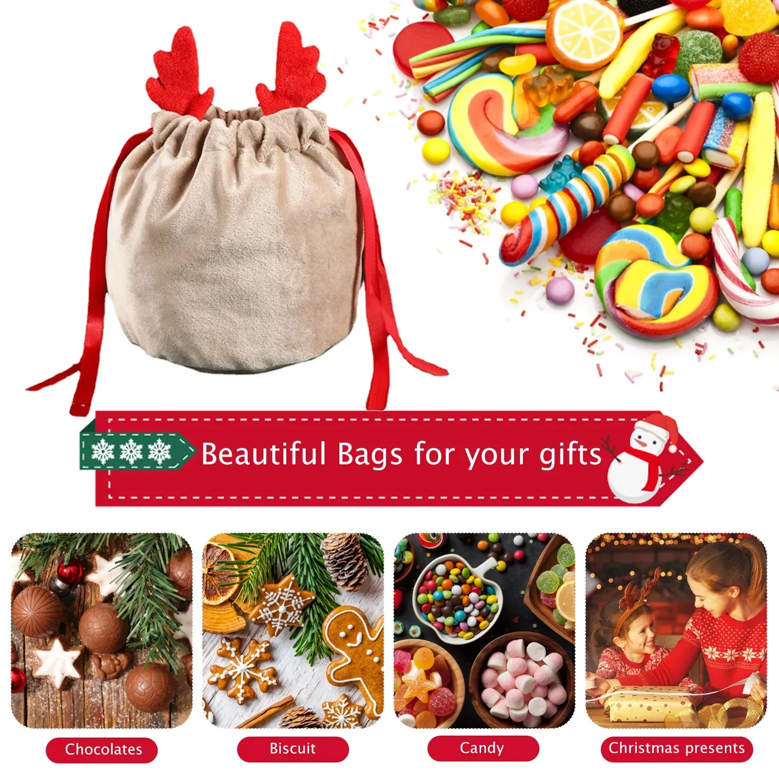 5/10 Christmas Reindeer Drawstring Candy Gift Bags Reusable