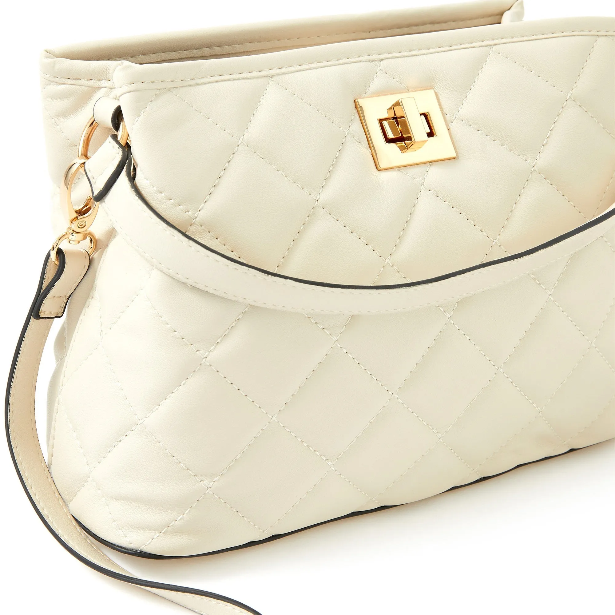 Accessorize London women's Faux Leather Cream Quilted Handheld Large Satchel bag