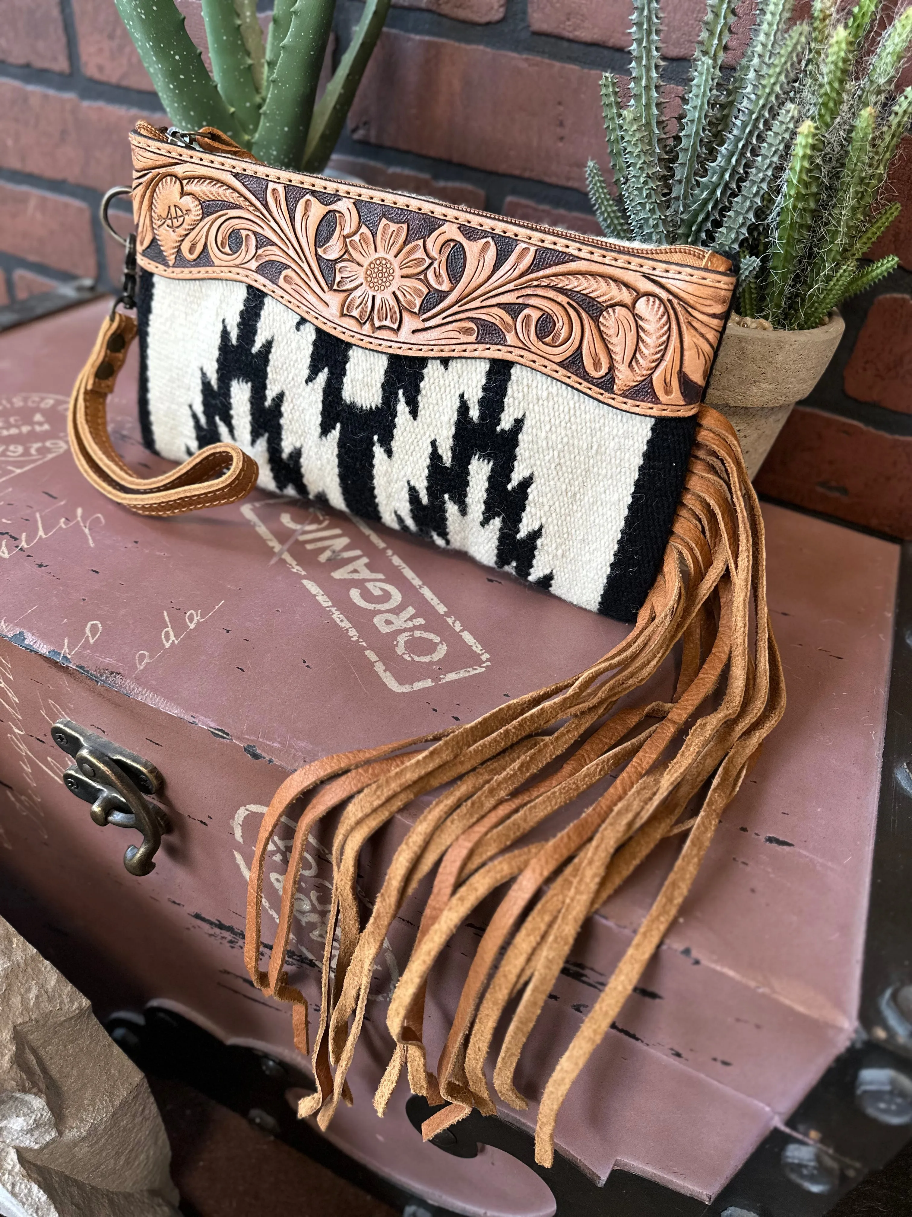 American Darling Tooled Leather Aztec Saddle Blanket Wristlet Purse ADBG344AS