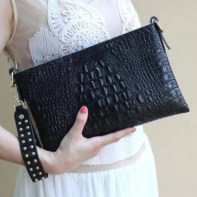 Black Genuine cow Leather Clutch bag, Crocodile texture Rivet purse also in Metallic Gold, white