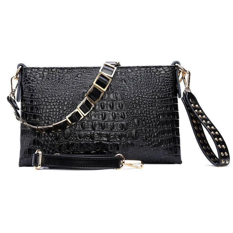 Black Genuine cow Leather Clutch bag, Crocodile texture Rivet purse also in Metallic Gold, white