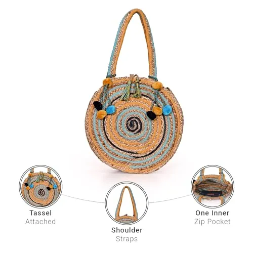 Boho Girl Sunset Stripe Woven Jute Tote | Round Tote for Women | Eco-Friendly Jute Bags | Jute Carry Bag | Multipurpose Hand Bag with Handle | Handmade Bags for Daily Use