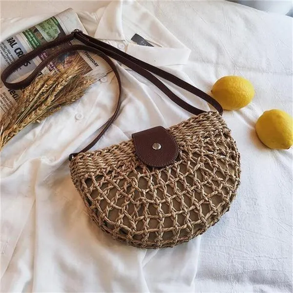 Boho Handmade Half Moon Straw Cross Body Bag