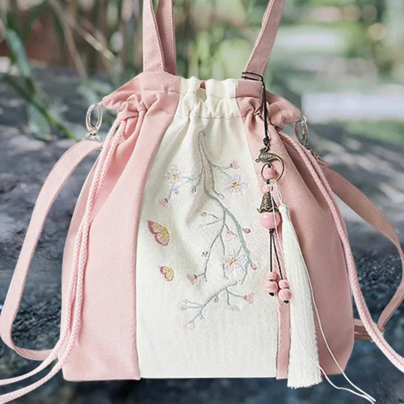 Chinese element retro style Hanfu bag female large-capacity one-shoulder messenger canvas bag cotton and linen embroidered backpack