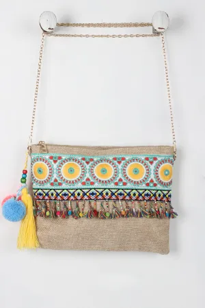 Embroidered Boho Beaded Pom Pom Bag