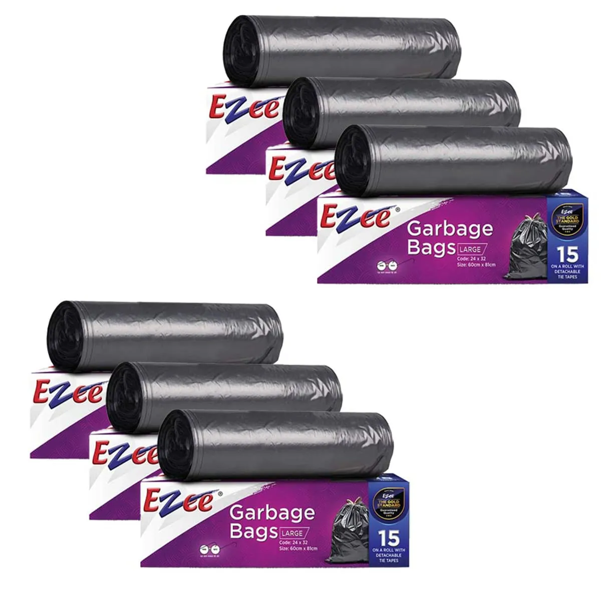 Ezee Large Black Garbage Bags 15 Bags/Roll - Pack of 6