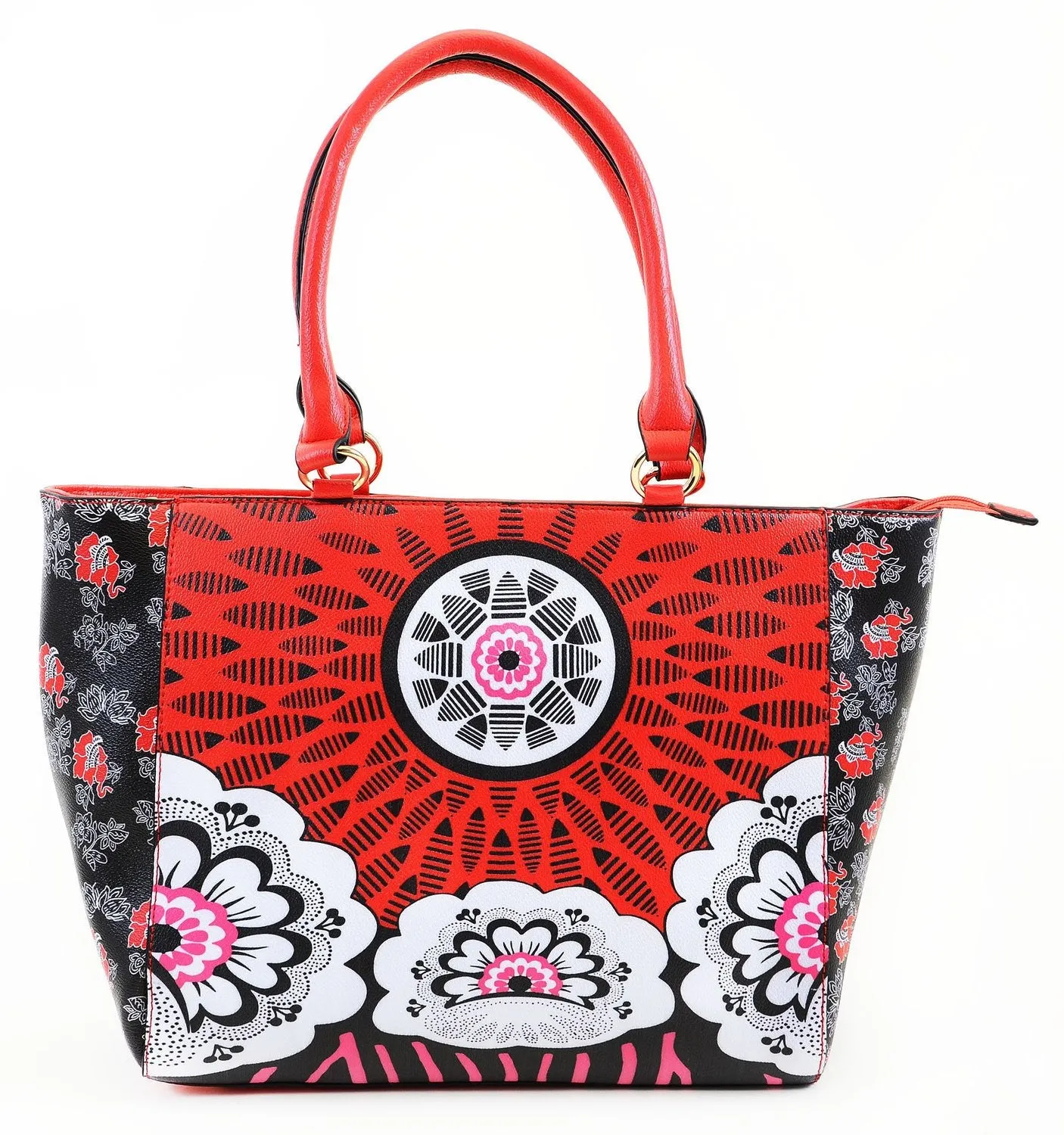 Funky Red Floral Boho Chic Oversized Faux Leather Handbag & Wallet Set