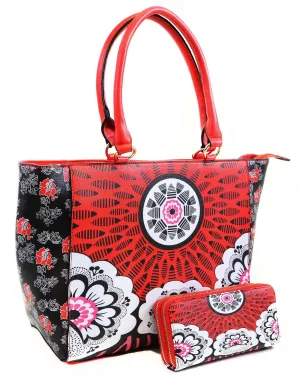 Funky Red Floral Boho Chic Oversized Faux Leather Handbag & Wallet Set