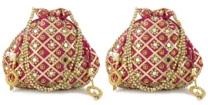 Kuber Industries 2 Pieces Silk Traditional Mirror Work Clutch Potli Batwa Pouch Hand Bag for Women/Girls (Pink)-KUBMART11493, standard