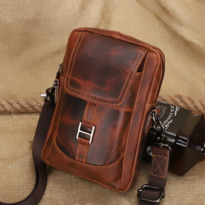 Men Genuine Leather Multifunction Lightweight Crossbody Bag Multi-pocket Belt Phone