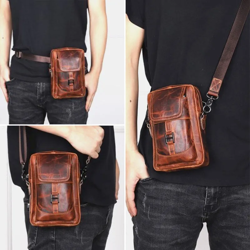 Men Genuine Leather Multifunction Lightweight Crossbody Bag Multi-pocket Belt Phone