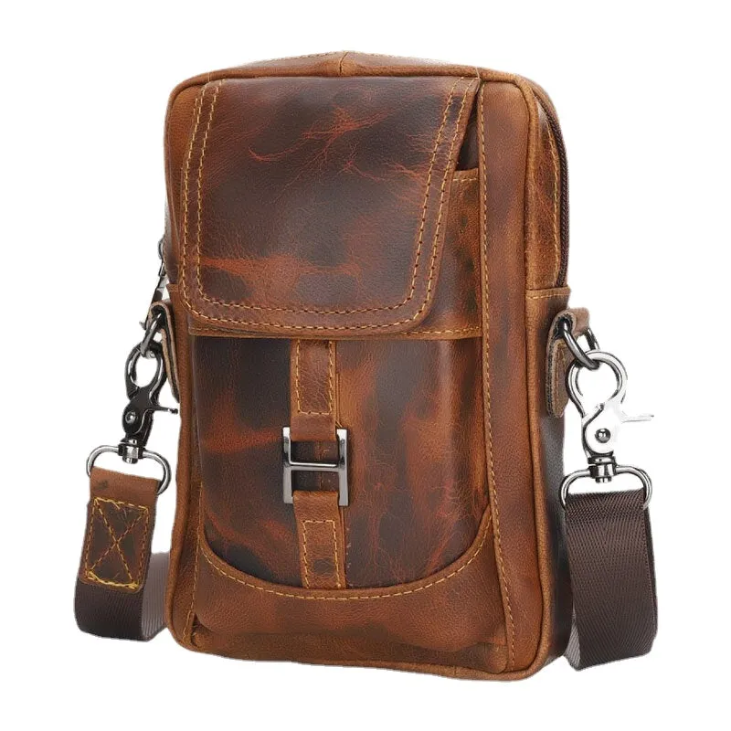 Men Genuine Leather Multifunction Lightweight Crossbody Bag Multi-pocket Belt Phone