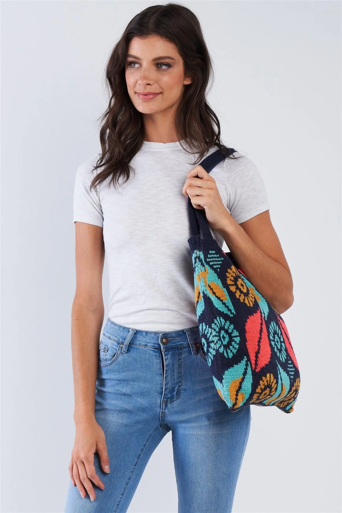 Navy Abstract Leaf Pattern Knit Boho Tote Bag /3 Bags