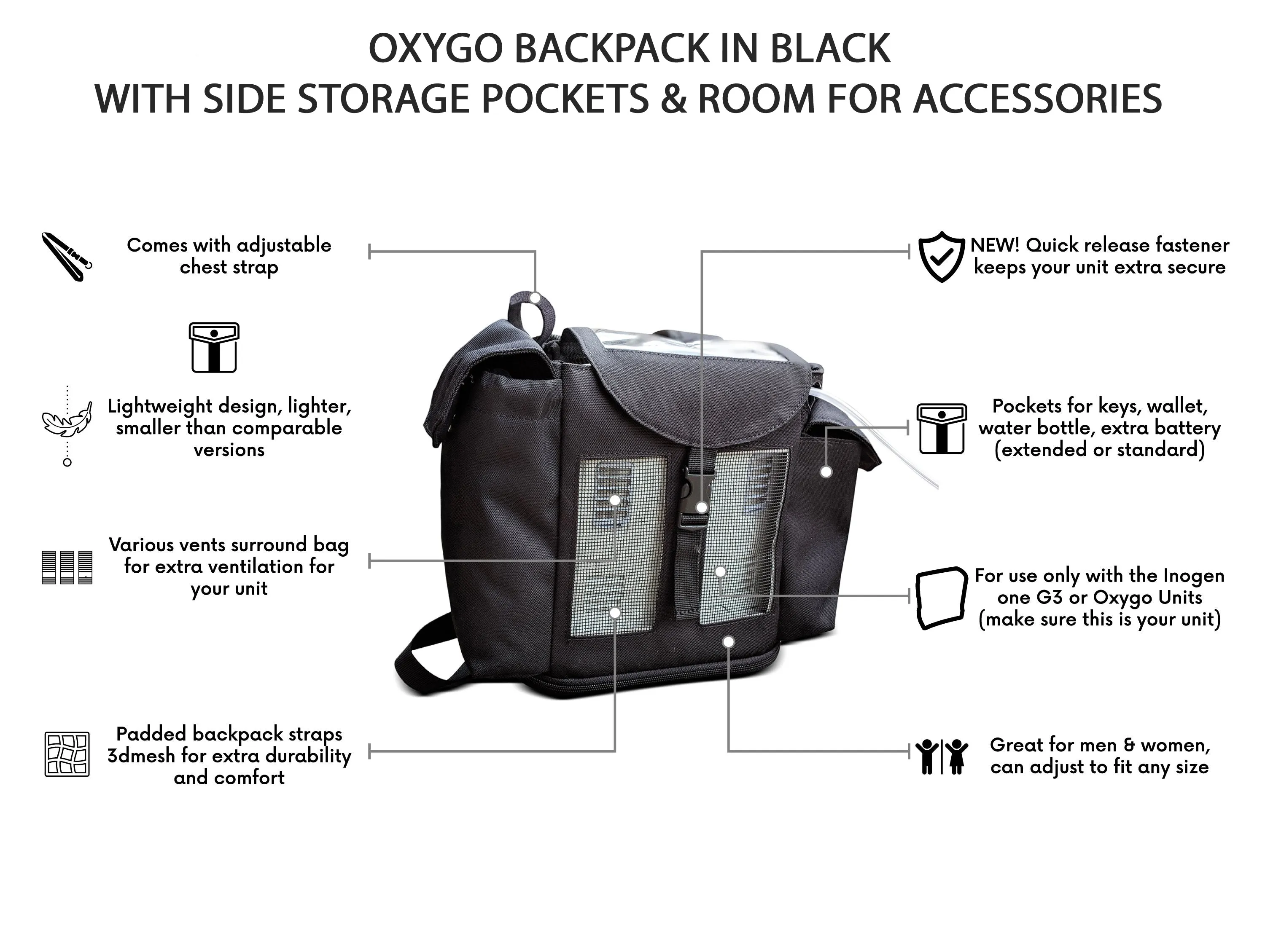 Oxygo Lightweight Backpack w/Pockets - Black