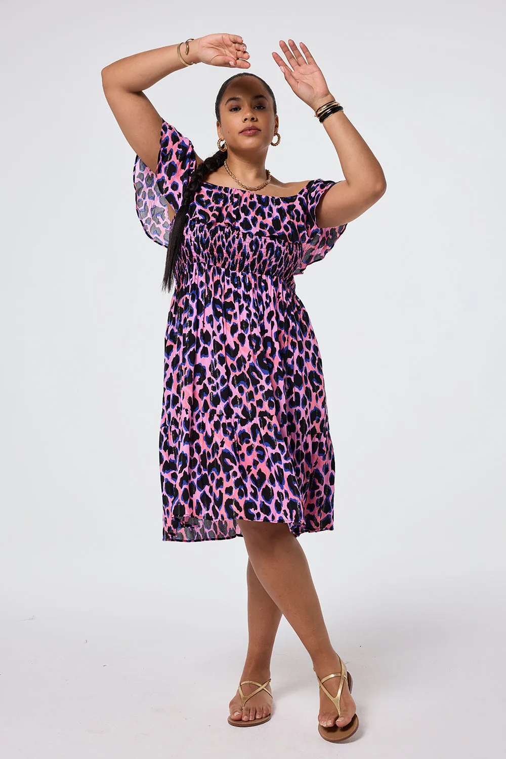 Pink with Blue & Black Lurex Shadow Leopard Short Bardot Dress