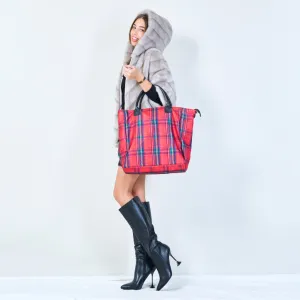 Plaid tote bag with structured handles wholesale