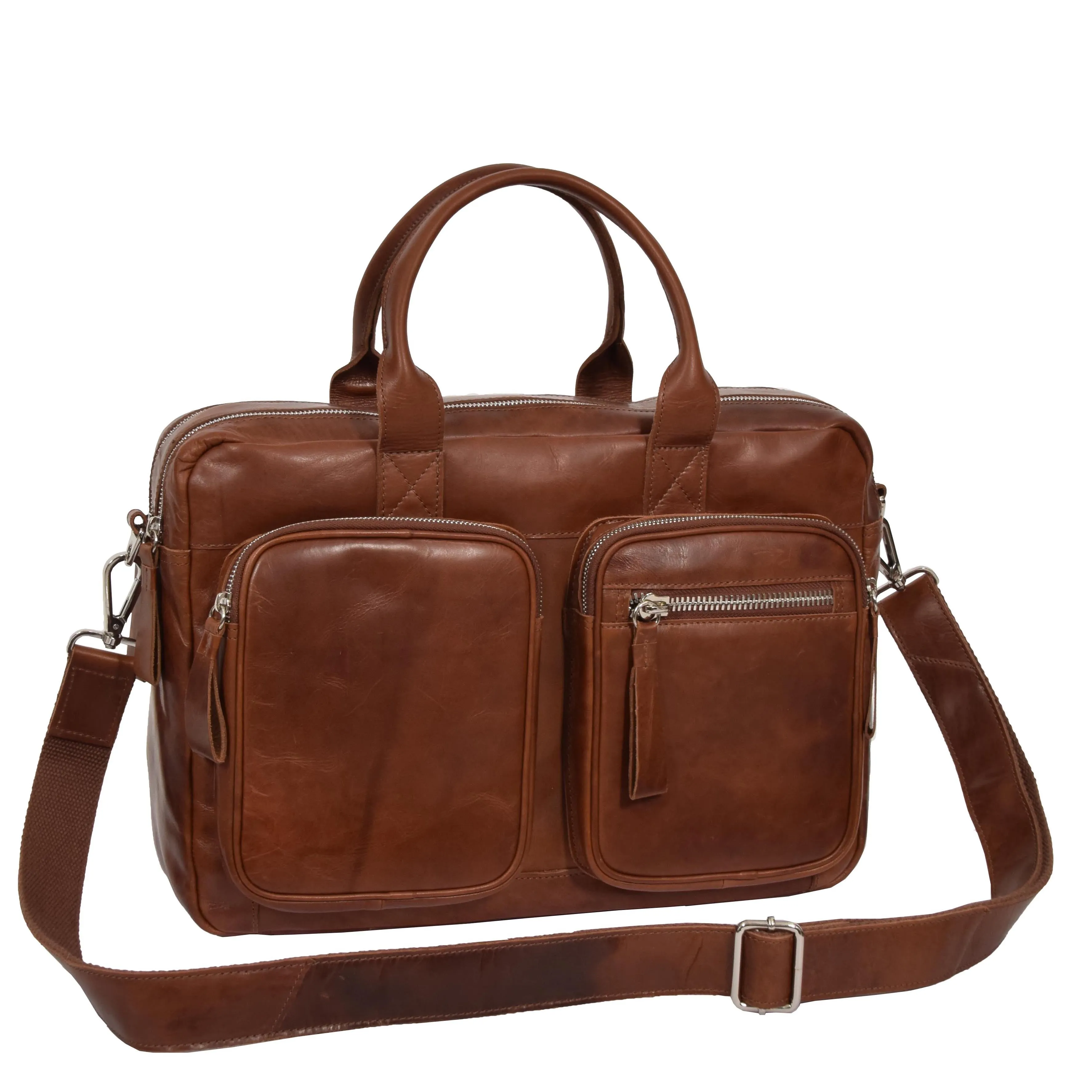 Pure Leather Briefcase Laptop Satchel Office Business Bag Otis Cognac