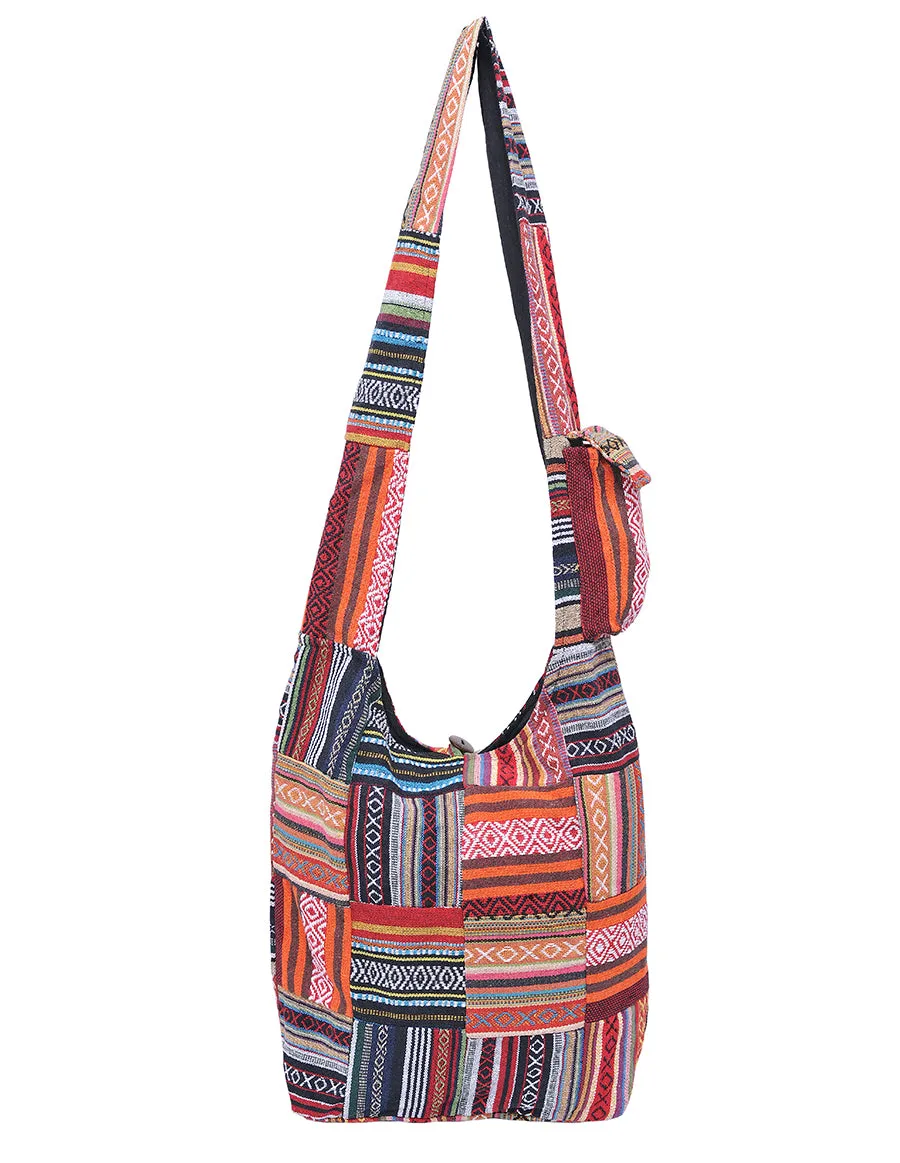 Red Tribal Patched Cotton Hobo Bag