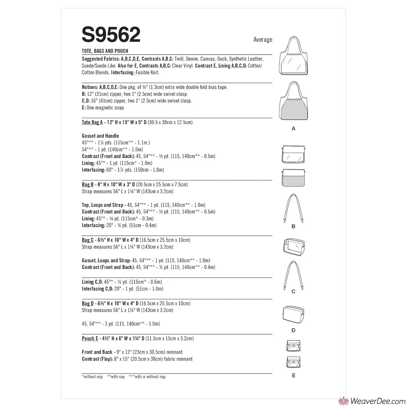 Simplicity Pattern S9562 Tote, Bags & Pouch