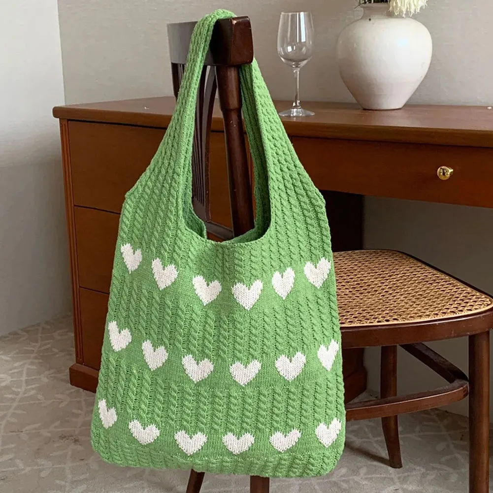 Sohiwoo Ladies Crochet Fashion Shoulder Bags Color Blocking Underarm Bag Large Capacity Shopper Bag Women Knit Love Lightweight Tote Bag