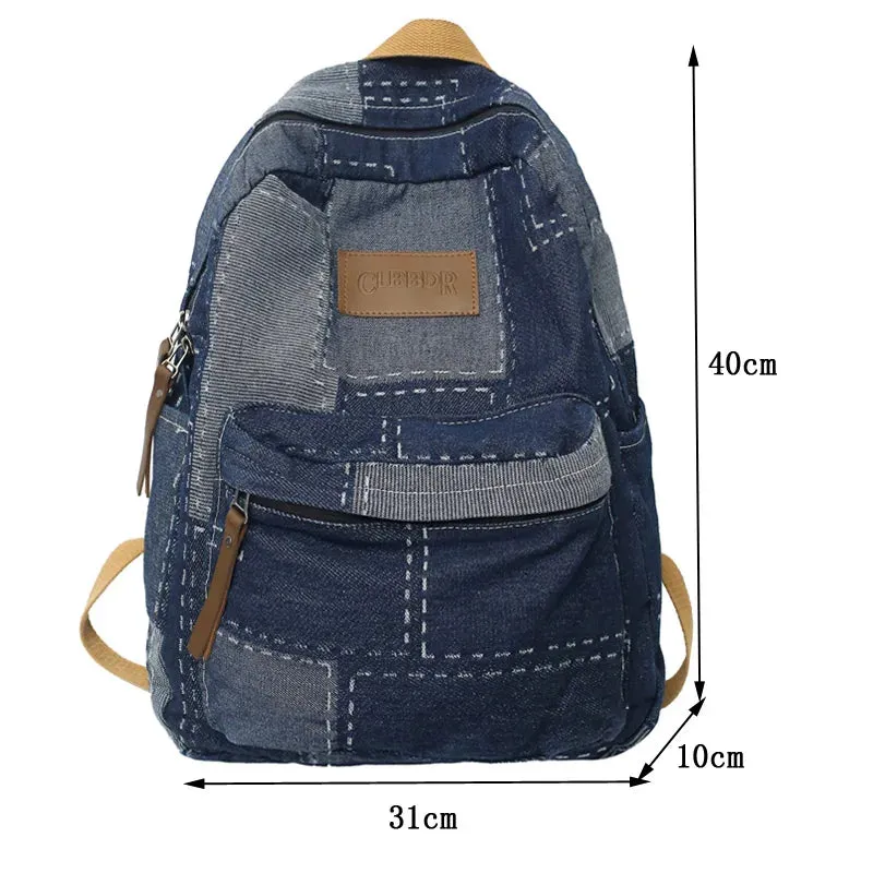 Sohiwoo New Women Denim Vintage College Backpack Lady Leisure Retro Trendy Female Patchwork Book Bag Fashion Girl Cute Travel School Bag