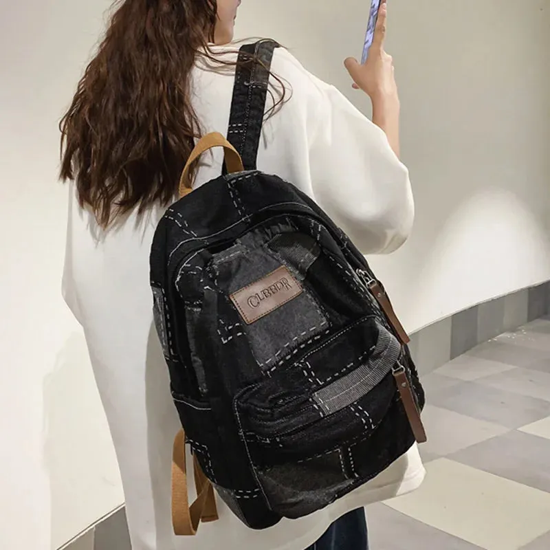 Sohiwoo New Women Denim Vintage College Backpack Lady Leisure Retro Trendy Female Patchwork Book Bag Fashion Girl Cute Travel School Bag