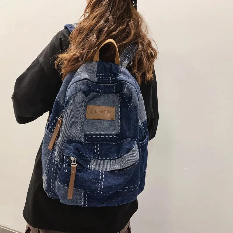 Sohiwoo New Women Denim Vintage College Backpack Lady Leisure Retro Trendy Female Patchwork Book Bag Fashion Girl Cute Travel School Bag