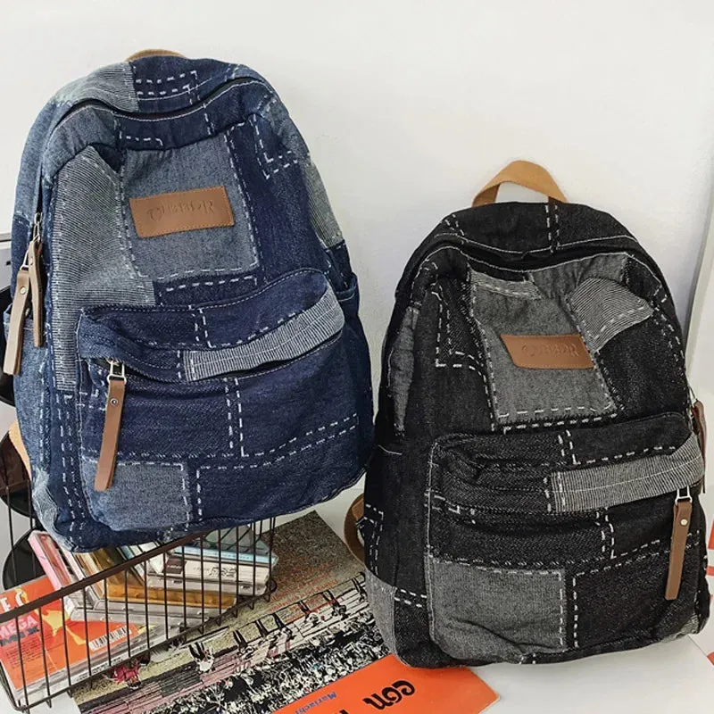 Sohiwoo New Women Denim Vintage College Backpack Lady Leisure Retro Trendy Female Patchwork Book Bag Fashion Girl Cute Travel School Bag