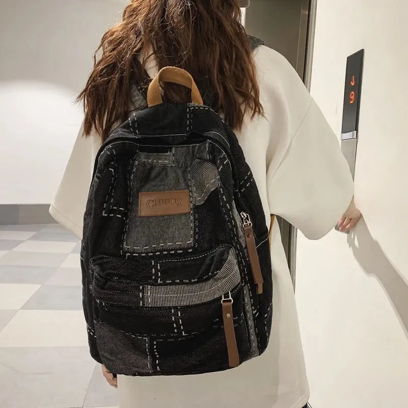 Sohiwoo New Women Denim Vintage College Backpack Lady Leisure Retro Trendy Female Patchwork Book Bag Fashion Girl Cute Travel School Bag