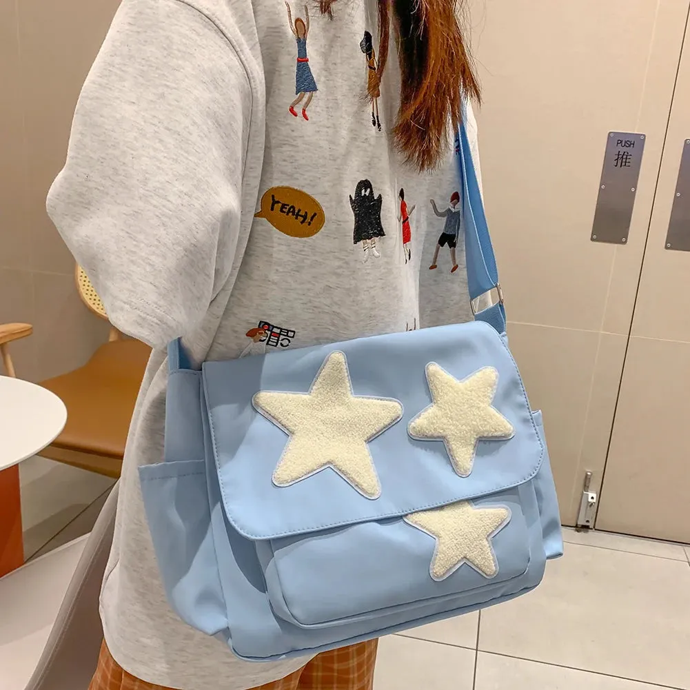 Sohiwoo Star Letter Applique Messenger Bag Candy Color Student Crossbody Bags Large Capacity Travel Shoulder Bag Women's Fashion Satchel