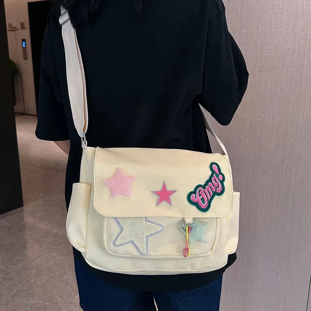 Sohiwoo Star Letter Applique Messenger Bag Candy Color Student Crossbody Bags Large Capacity Travel Shoulder Bag Women's Fashion Satchel