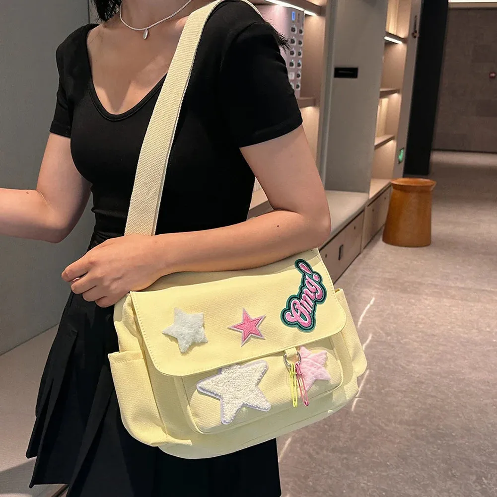 Sohiwoo Star Letter Applique Messenger Bag Candy Color Student Crossbody Bags Large Capacity Travel Shoulder Bag Women's Fashion Satchel