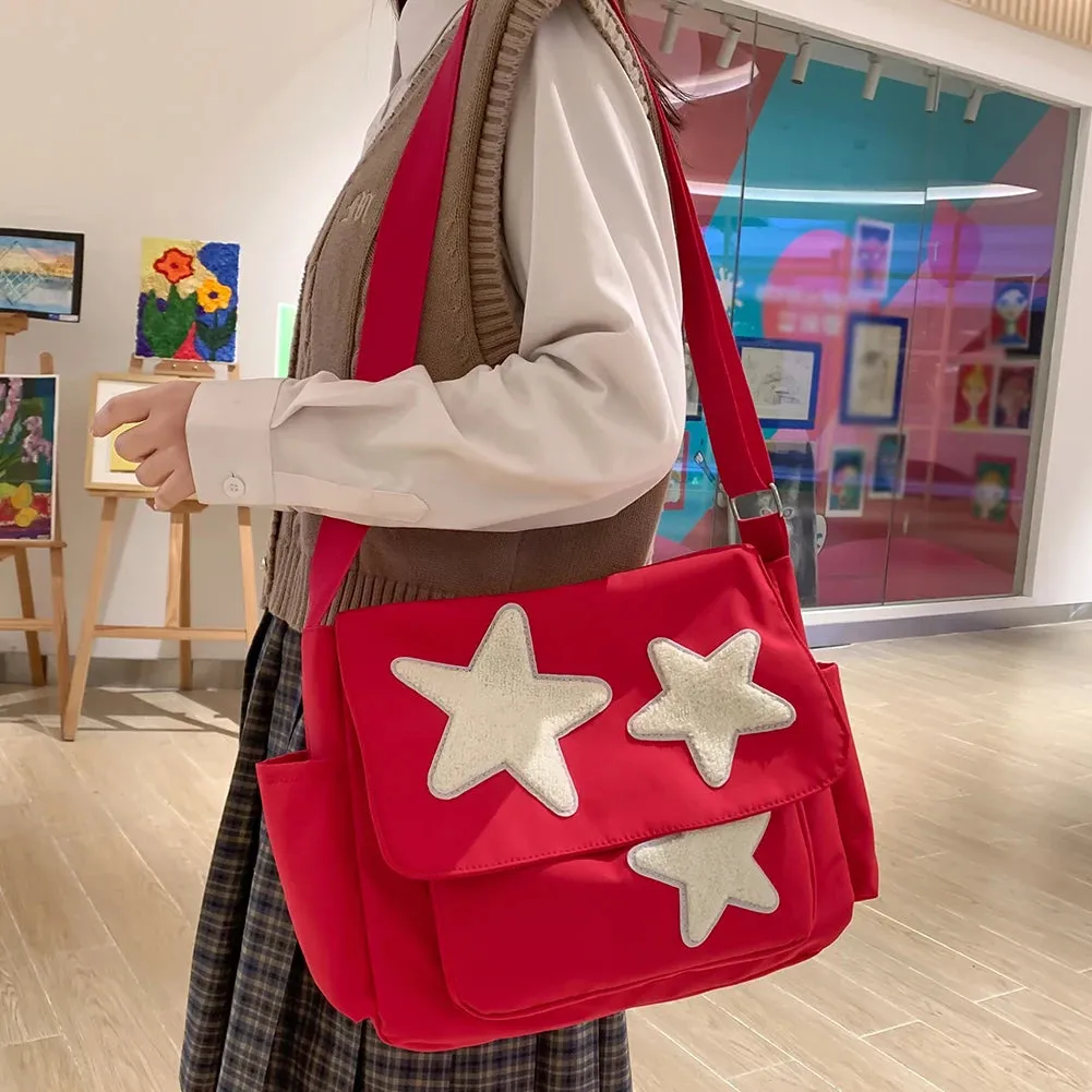 Sohiwoo Star Letter Applique Messenger Bag Candy Color Student Crossbody Bags Large Capacity Travel Shoulder Bag Women's Fashion Satchel