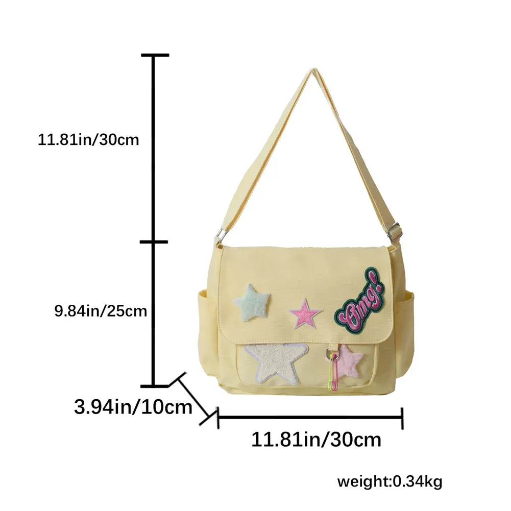 Sohiwoo Star Letter Applique Messenger Bag Candy Color Student Crossbody Bags Large Capacity Travel Shoulder Bag Women's Fashion Satchel