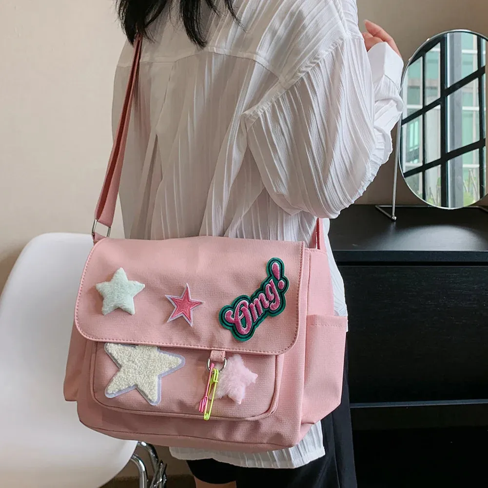 Sohiwoo Star Letter Applique Messenger Bag Candy Color Student Crossbody Bags Large Capacity Travel Shoulder Bag Women's Fashion Satchel