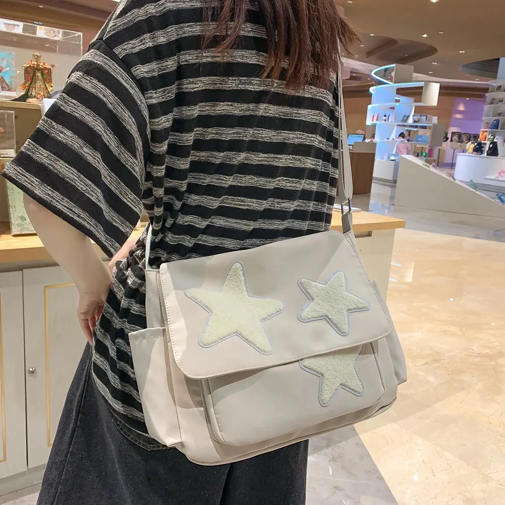 Sohiwoo Star Letter Applique Messenger Bag Candy Color Student Crossbody Bags Large Capacity Travel Shoulder Bag Women's Fashion Satchel