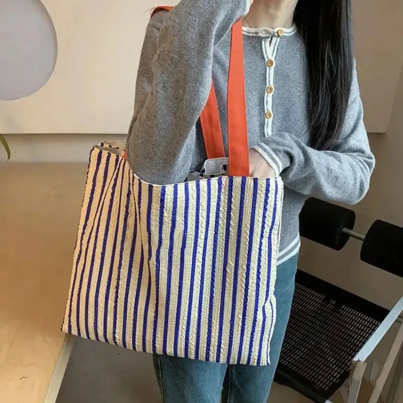 Sohiwoo Striped Casual Large Capacity Handbag Tote Bags Women Commute Shoulder Bag