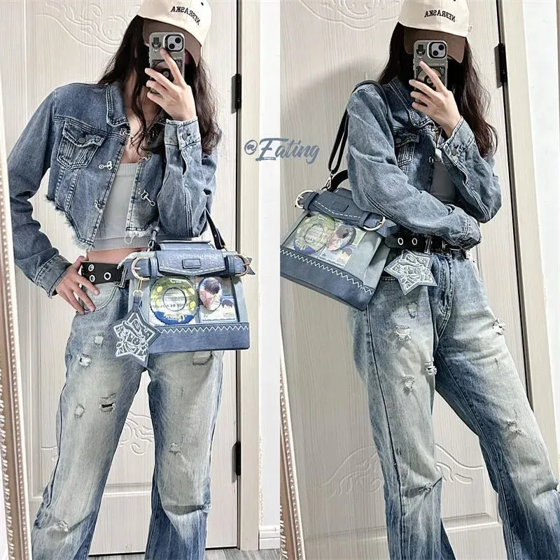 Sohiwoo Trendy Transparent Vintage Shoulder Bags Streetwear Casual Backpacks Women Y2k Aesthetic Crossbody Bags Bolsos Mujer