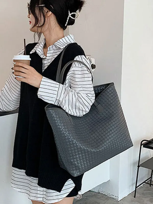 Solid Color Split-Joint Woven Tote Bags Shoulder Bags Handbags Bags