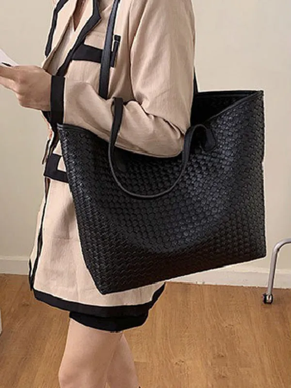 Solid Color Split-Joint Woven Tote Bags Shoulder Bags Handbags Bags