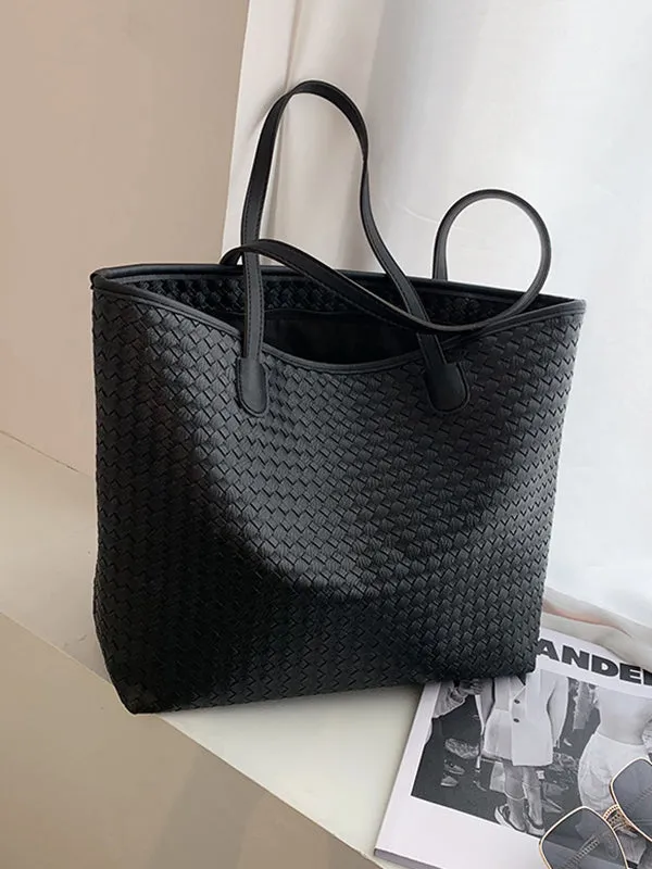 Solid Color Split-Joint Woven Tote Bags Shoulder Bags Handbags Bags