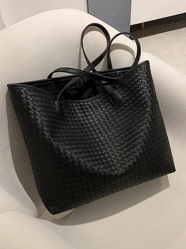 Solid Color Split-Joint Woven Tote Bags Shoulder Bags Handbags Bags