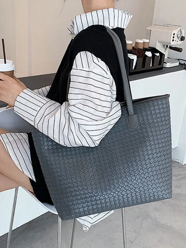 Solid Color Split-Joint Woven Tote Bags Shoulder Bags Handbags Bags