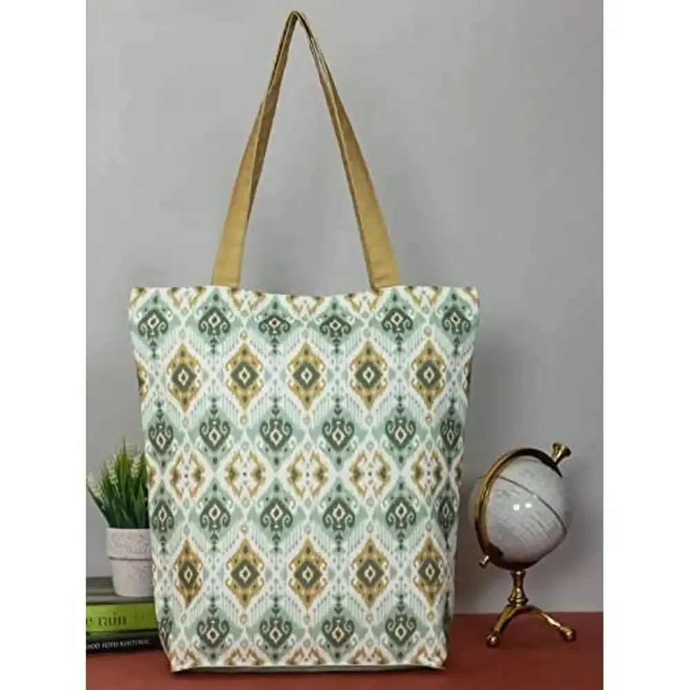 Tikuli Polyester Durable Canvas Large Size Printed Tote Bag for Women with ZIP (Green)