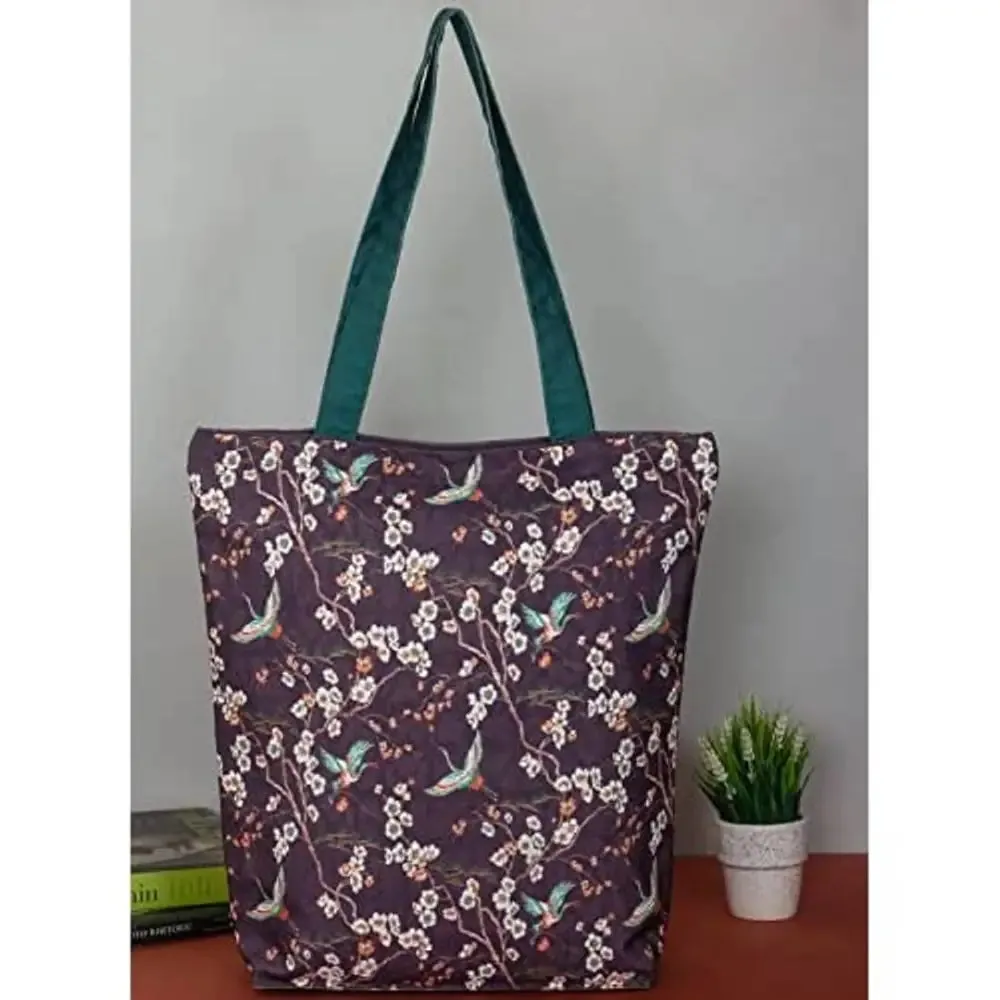 Tikuli Polyester Durable Canvas Large Size Printed Tote Bag for Women with ZIP (Purple Multi)