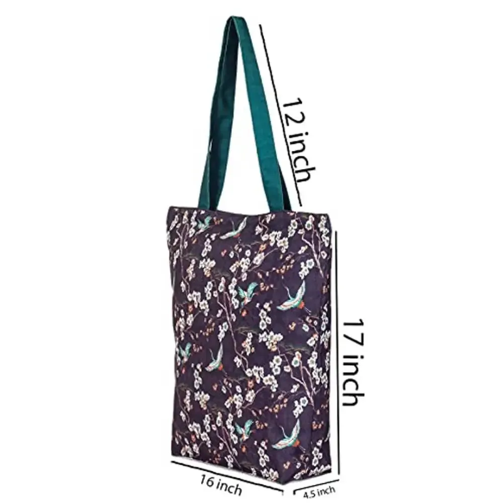 Tikuli Polyester Durable Canvas Large Size Printed Tote Bag for Women with ZIP (Purple Multi)